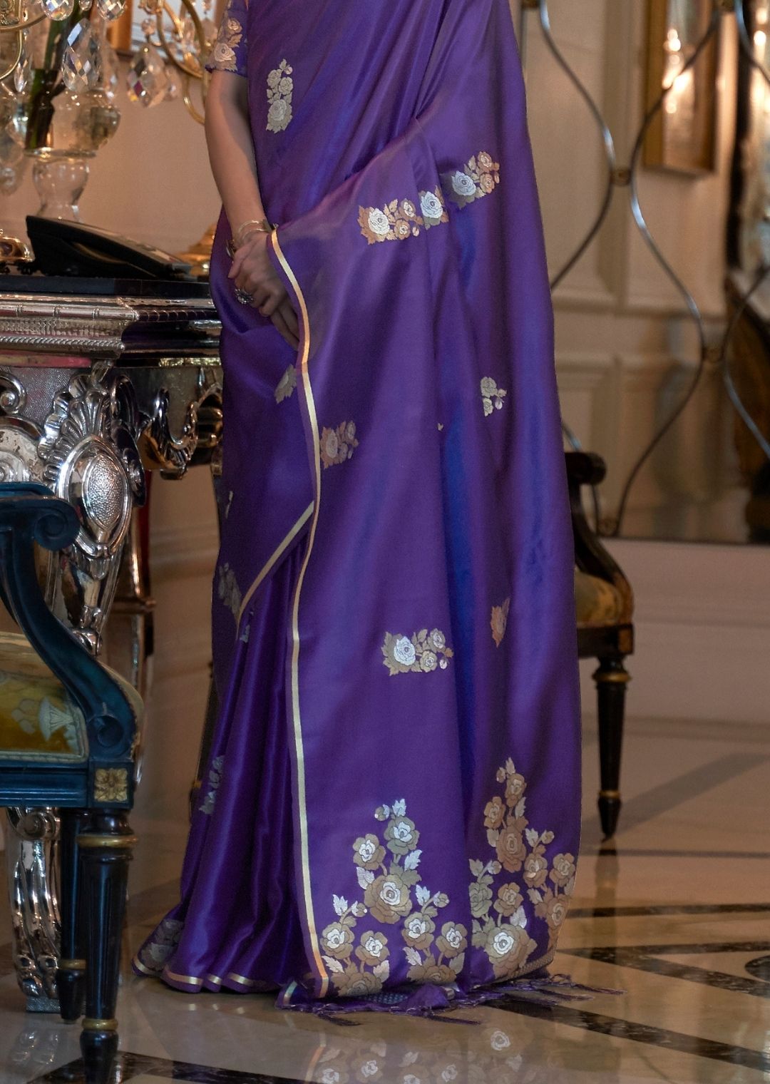 Purple Woven Pure Satin Silk Saree