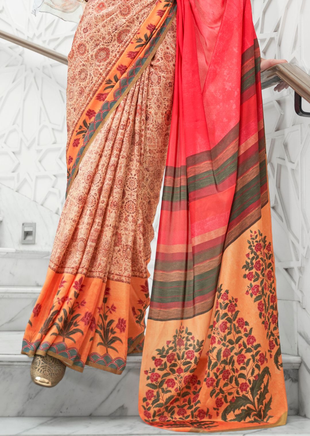 Peach Kalamkari Printed Pure Crepe Silk Saree