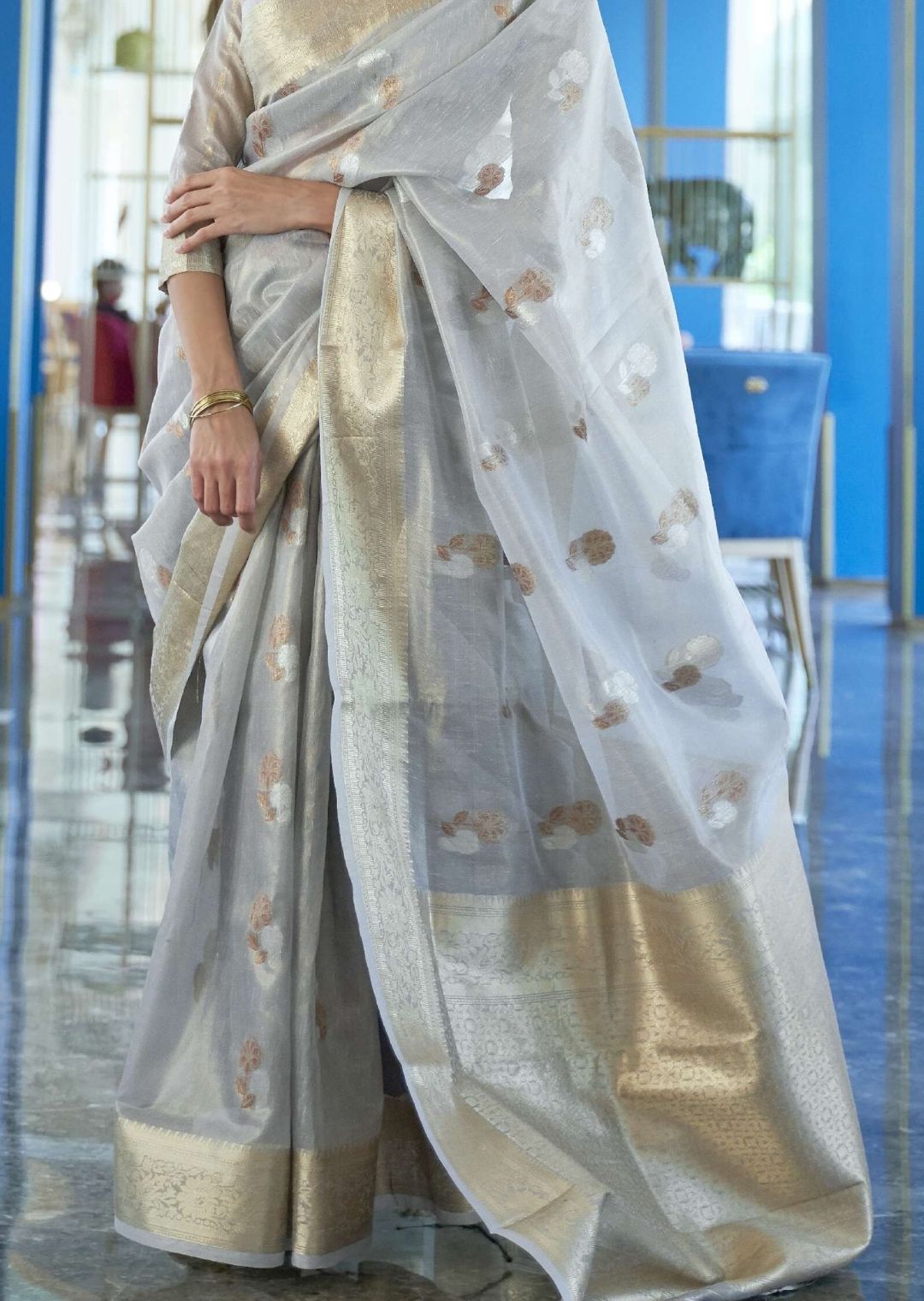 Pewter Gray Hand Woven Organza Tissue Silk Saree