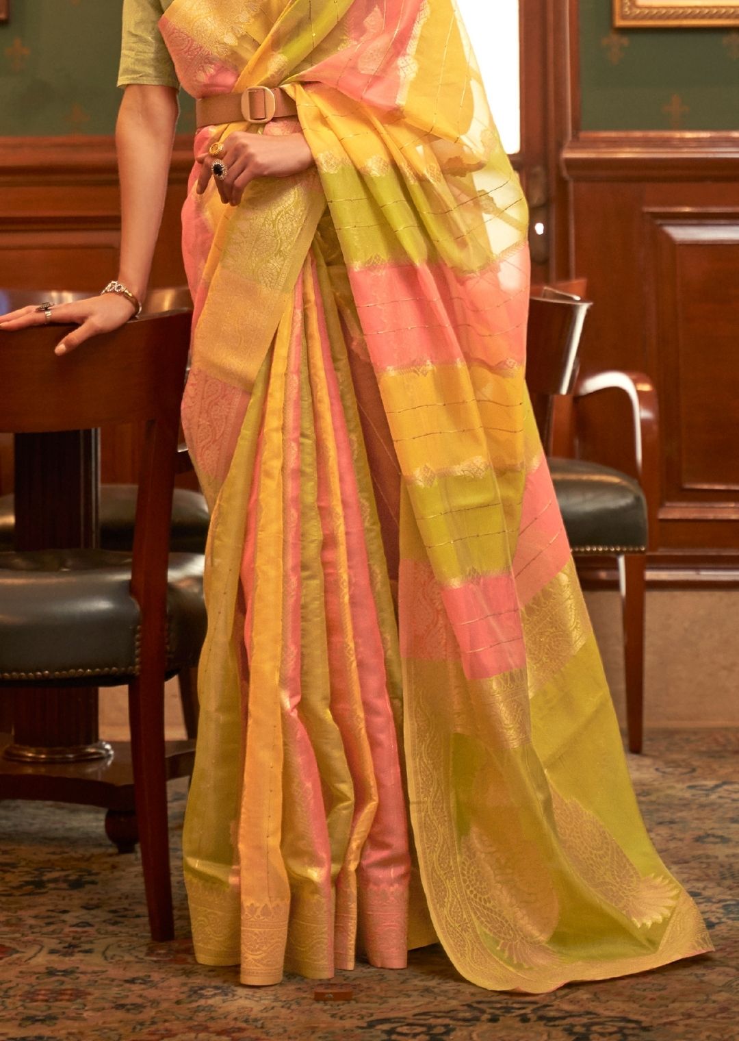 Lime Green & Pink Zari Woven Pure Handloom Organza Silk Saree With Sequins Work