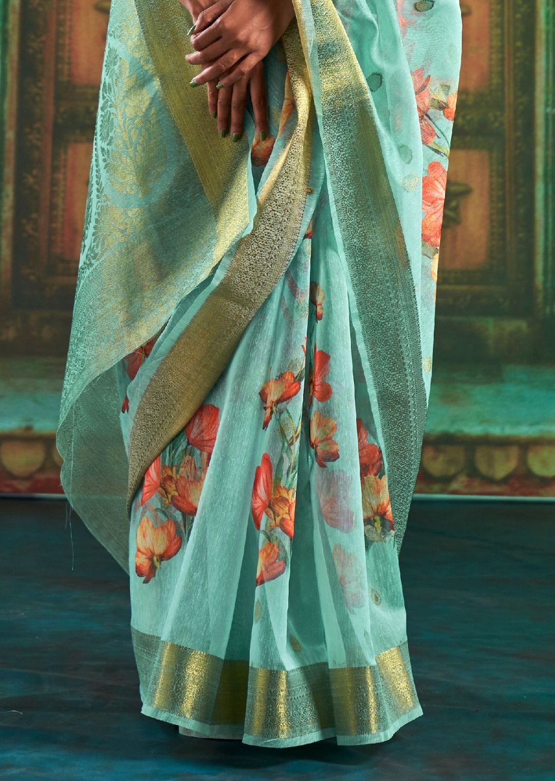 Light Aqua Blue Zari Woven Pure Handloom Digital Linen Saree