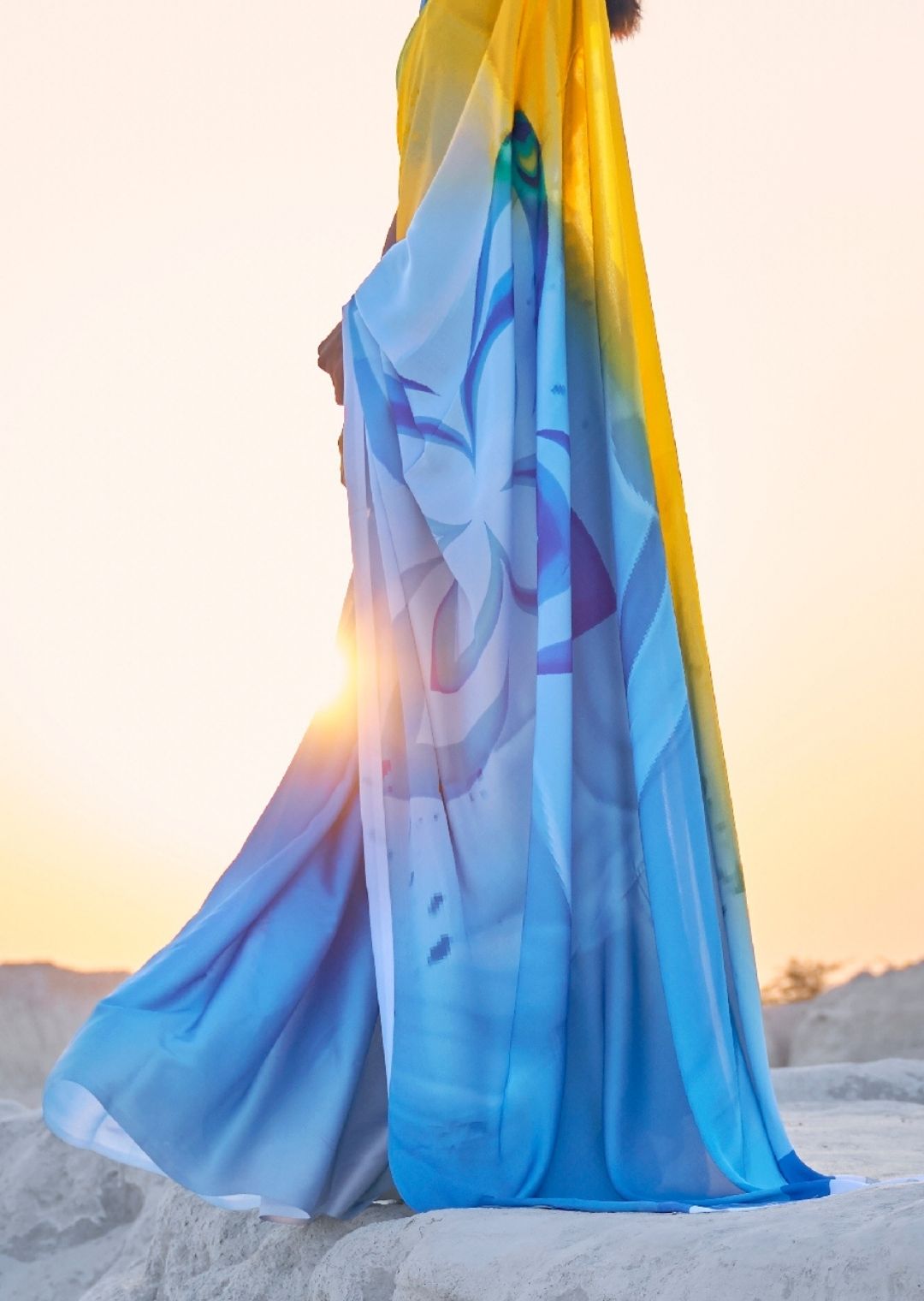 Sky Blue & Yellow Digital Printed Satin Crepe Saree