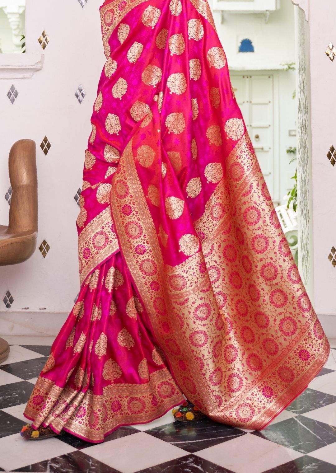 Hot Pink Woven Pure Satin Banarasi Silk Saree