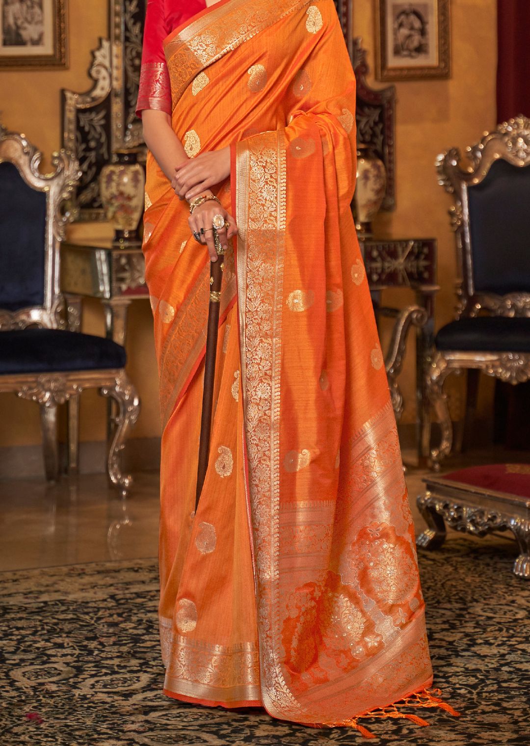 Orange Zari Woven Pure Handloom Tessar Silk Saree