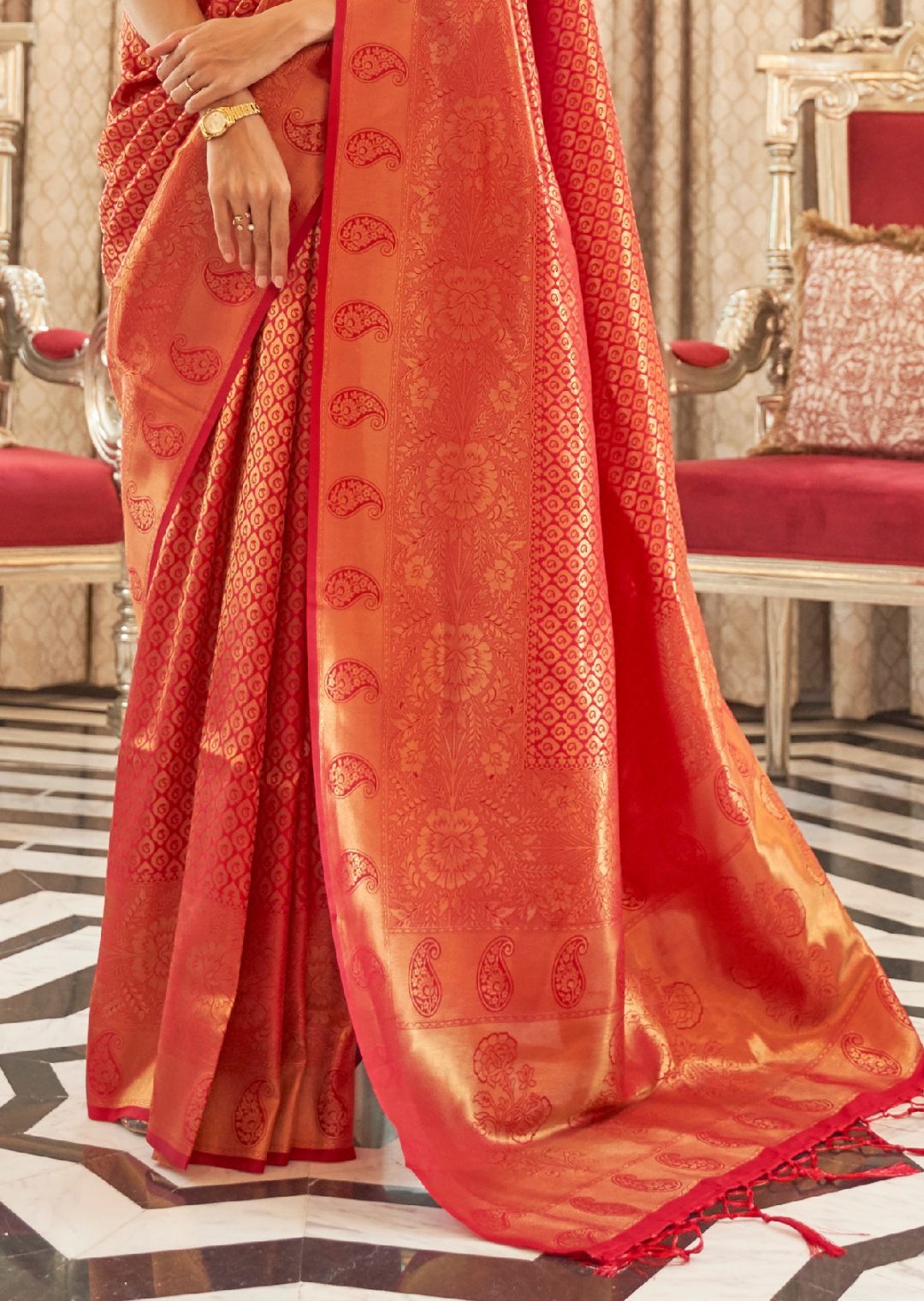 Red Golden Hand Woven Kanjivaram Silk Saree