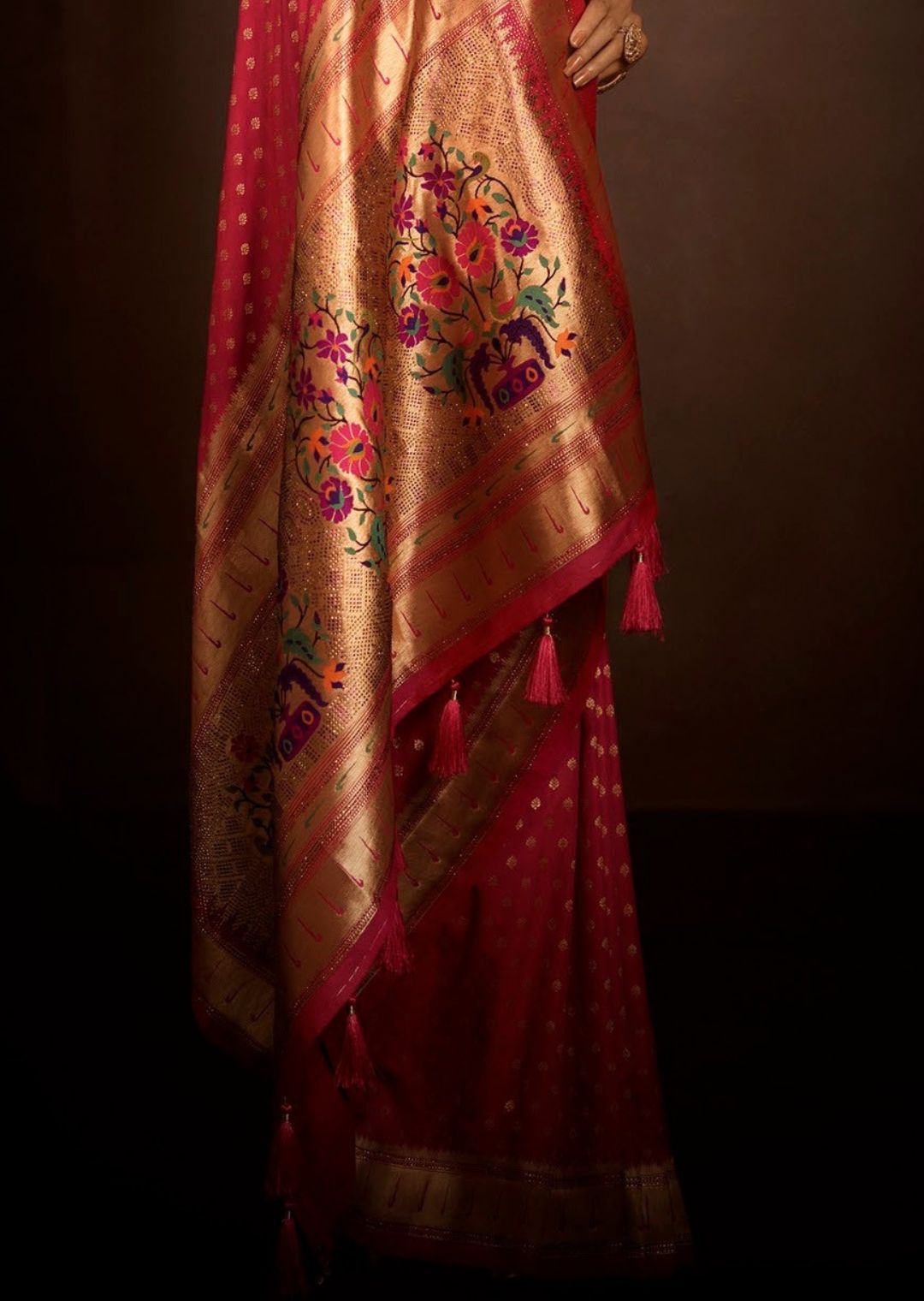 Ruby Red Zari Woven Traditional Peshwai Paithani Silk Saree With Swarovski Work