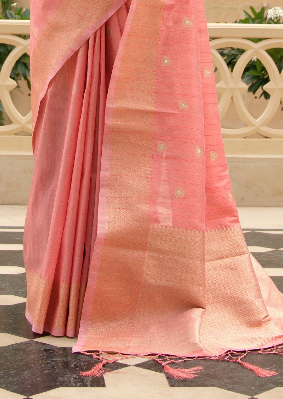 Watermelon Pink Zari Woven Pure Handloom Linen Saree