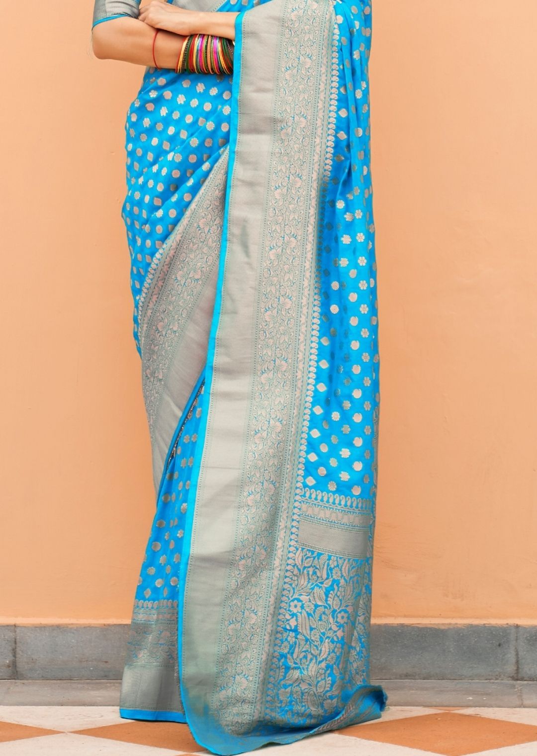 Dark sky blue embroidered net saree with blouse - orangesell - 2630166