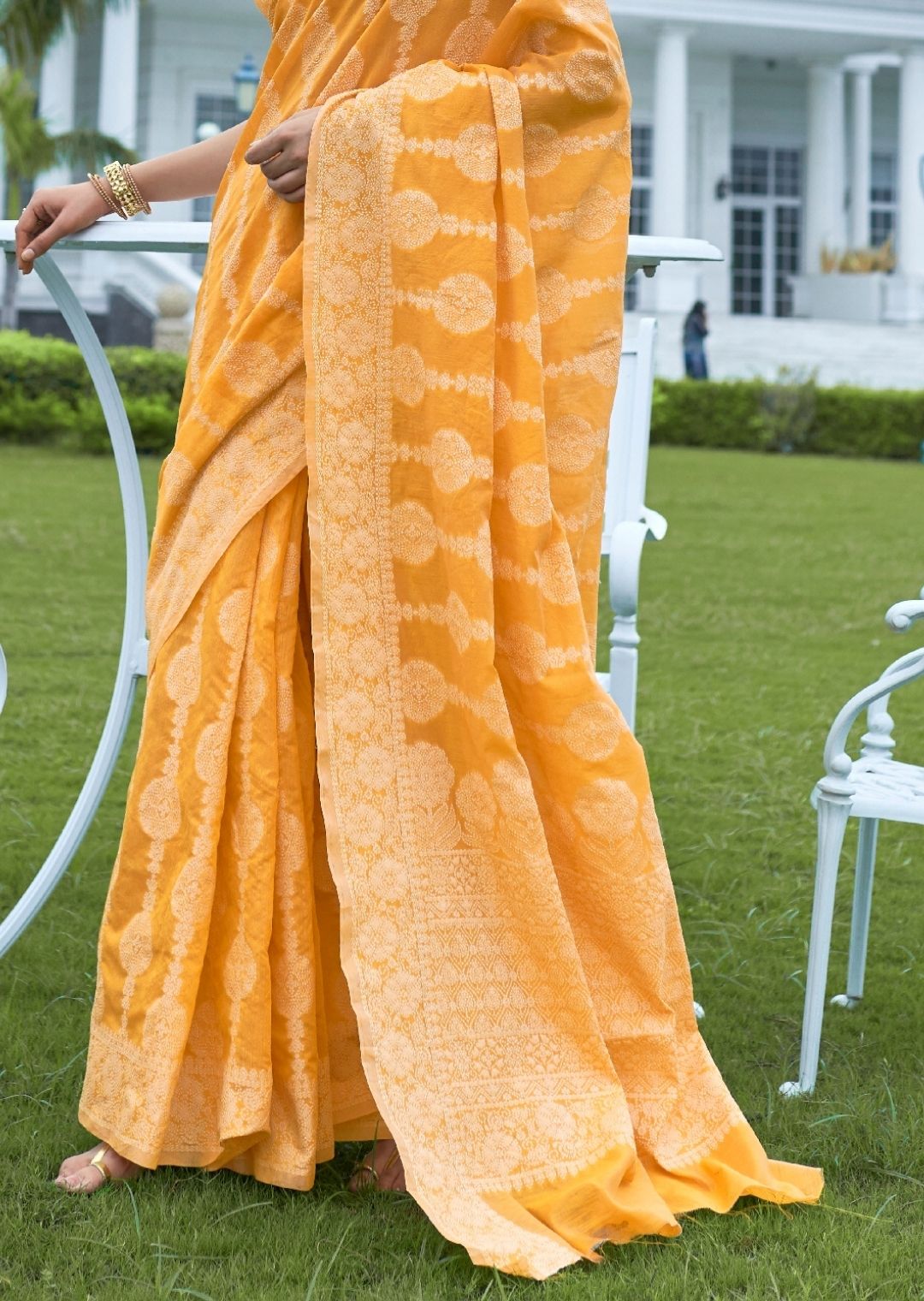 Light Orange Hand Woven Lucknowi Cotton Saree
