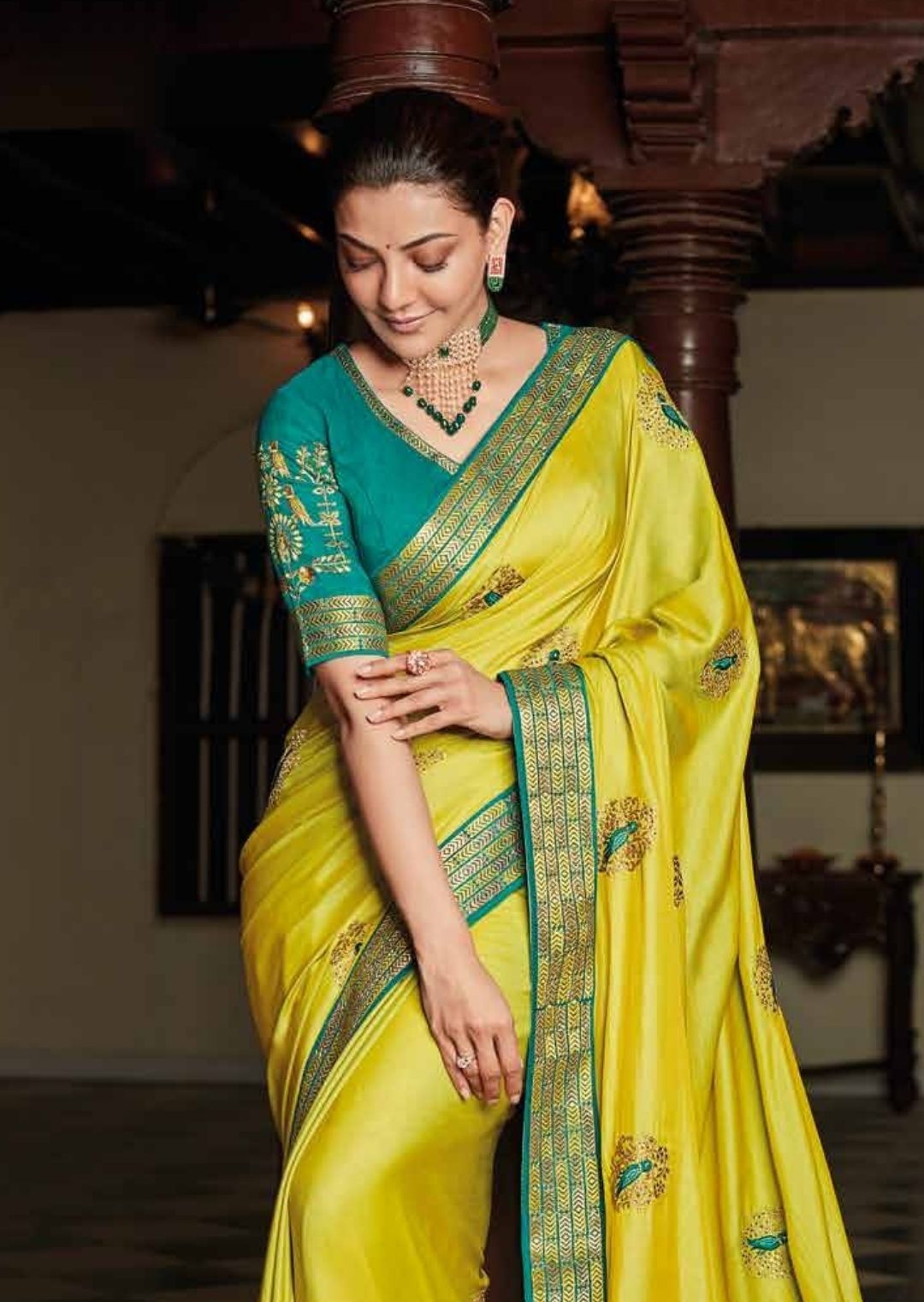 Lime Green Woven Celebrities Designer Saree with Embroidered Silk Blouse