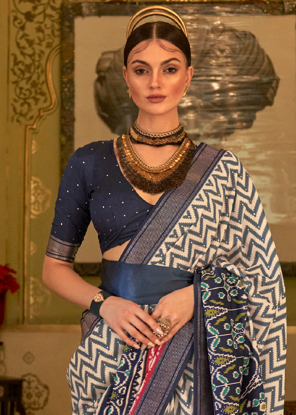 Golden saree with navy blue clearance blouse