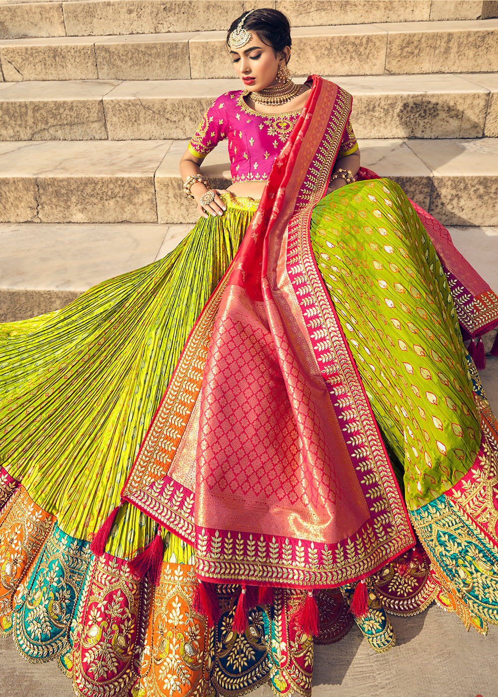 Buy Sensational Orange & Dark Green Silk Bandhej With Zari Weaving Border  Saree | Lehenga-Saree