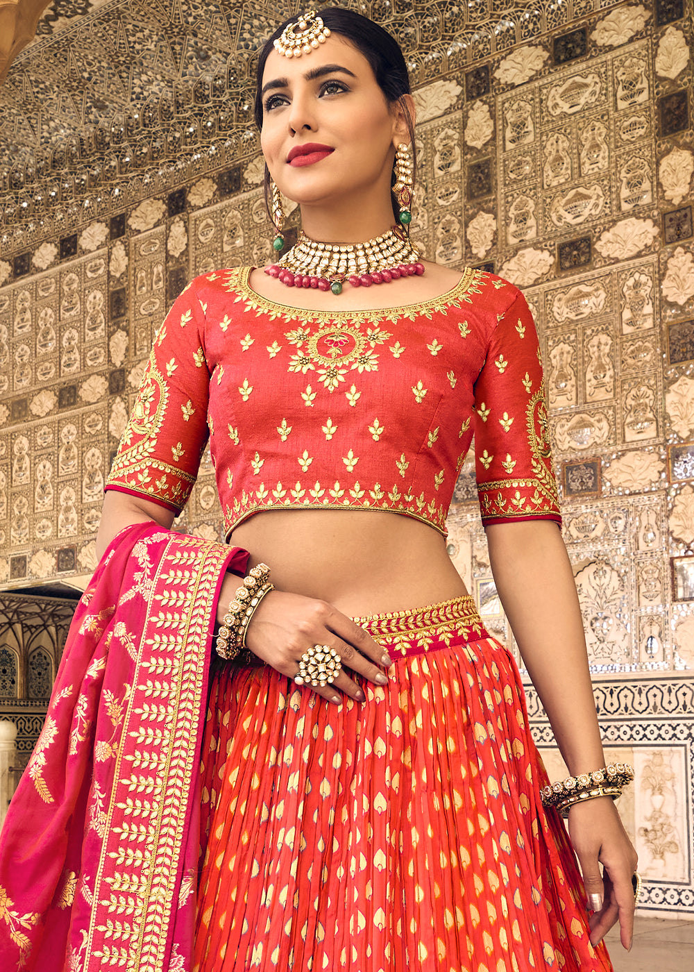 SUNSET ORANGE EMBROIDERED PREMIUM SILK LEHENGA