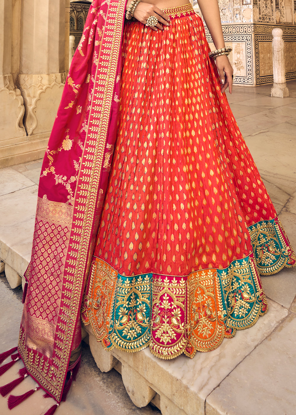 SUNSET ORANGE EMBROIDERED PREMIUM SILK LEHENGA