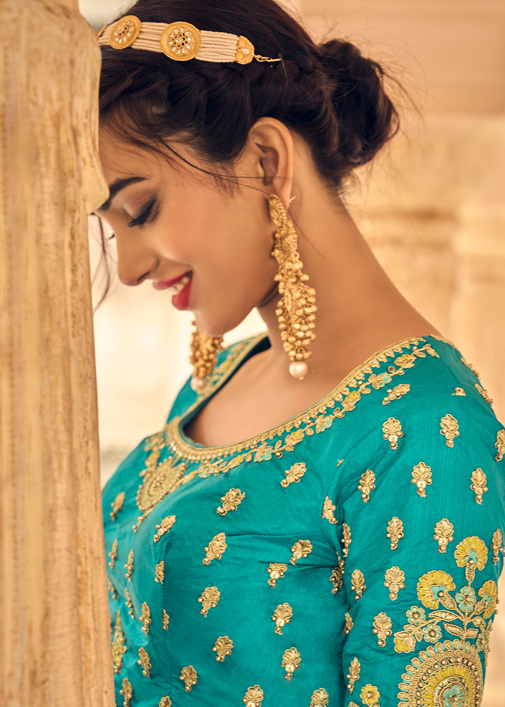 TURQUOISE BLUE EMBROIDERED PREMIUM SILK LEHENGA