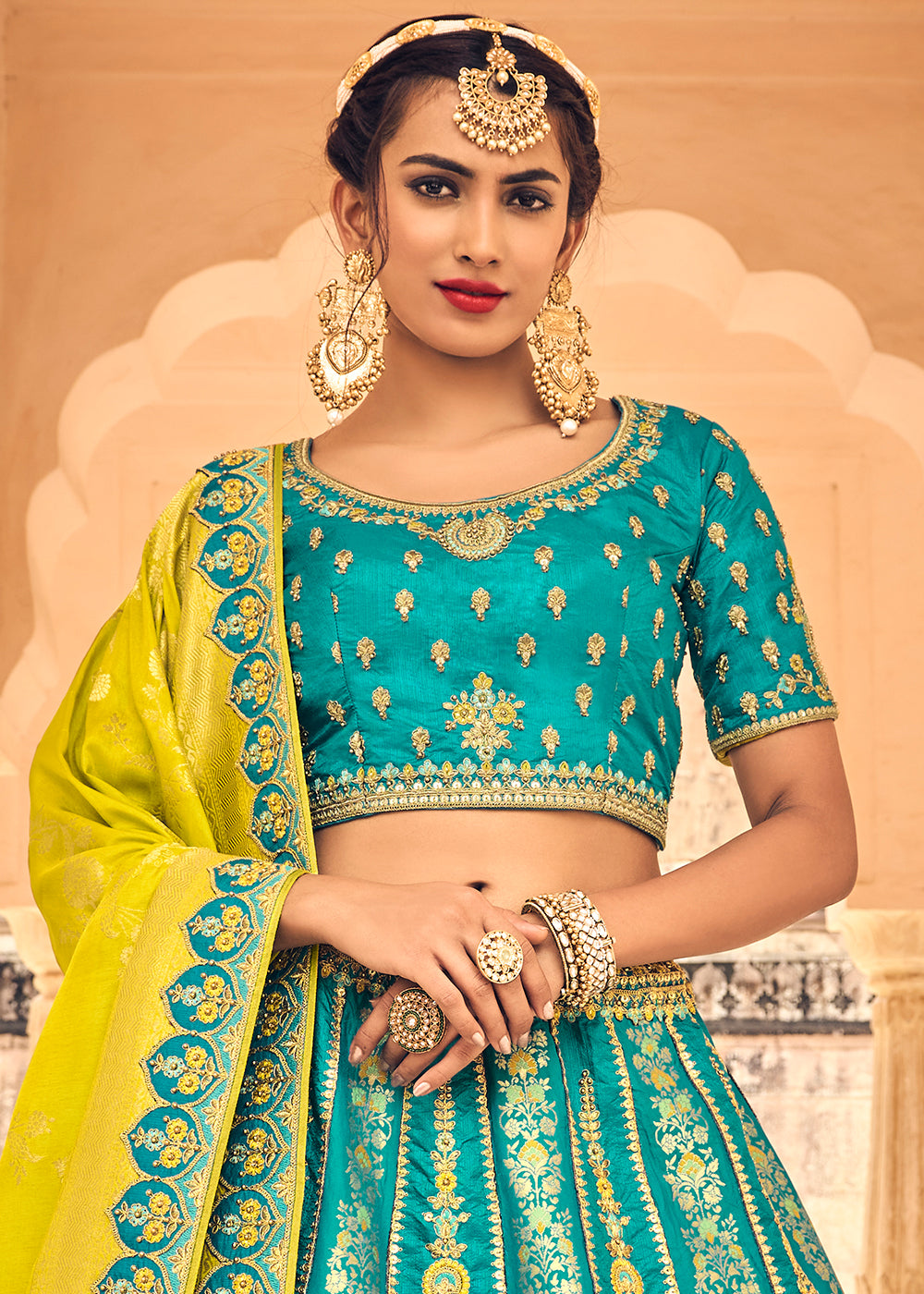 TURQUOISE BLUE EMBROIDERED PREMIUM SILK LEHENGA