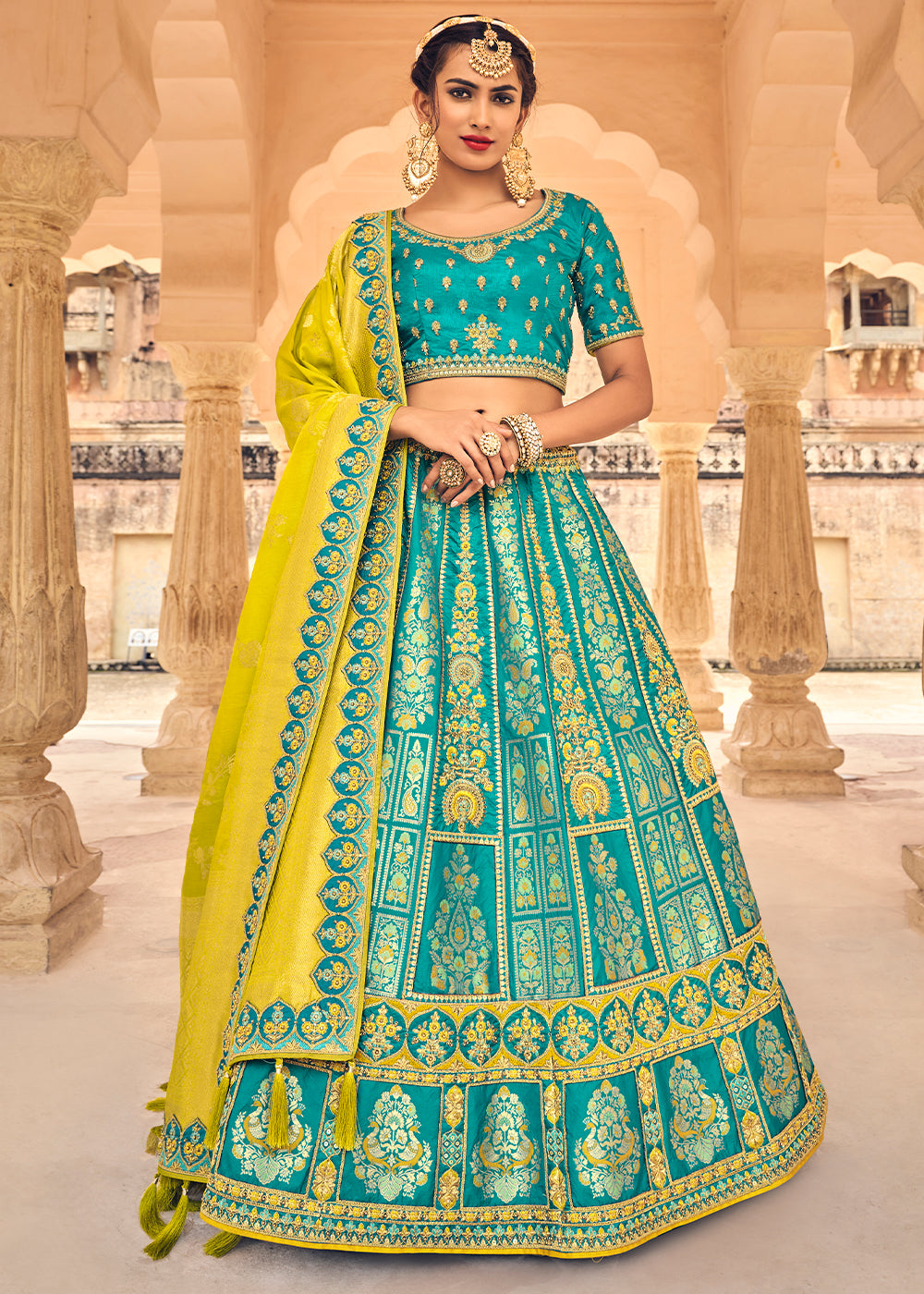 Turquoise color Embroidered Organza A Line Lehenga Choli