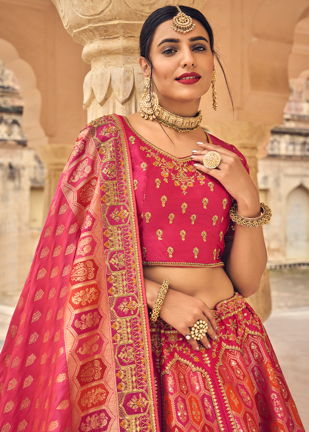 CERISE PINK EMBROIDERED PREMIUM SILK LEHENGA