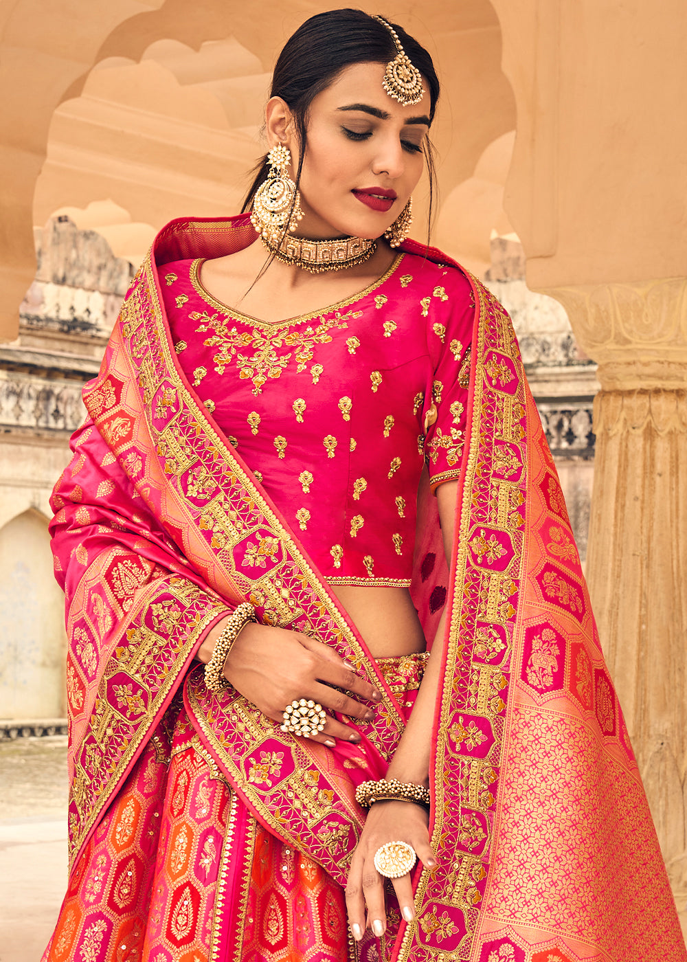 CERISE PINK EMBROIDERED PREMIUM SILK LEHENGA