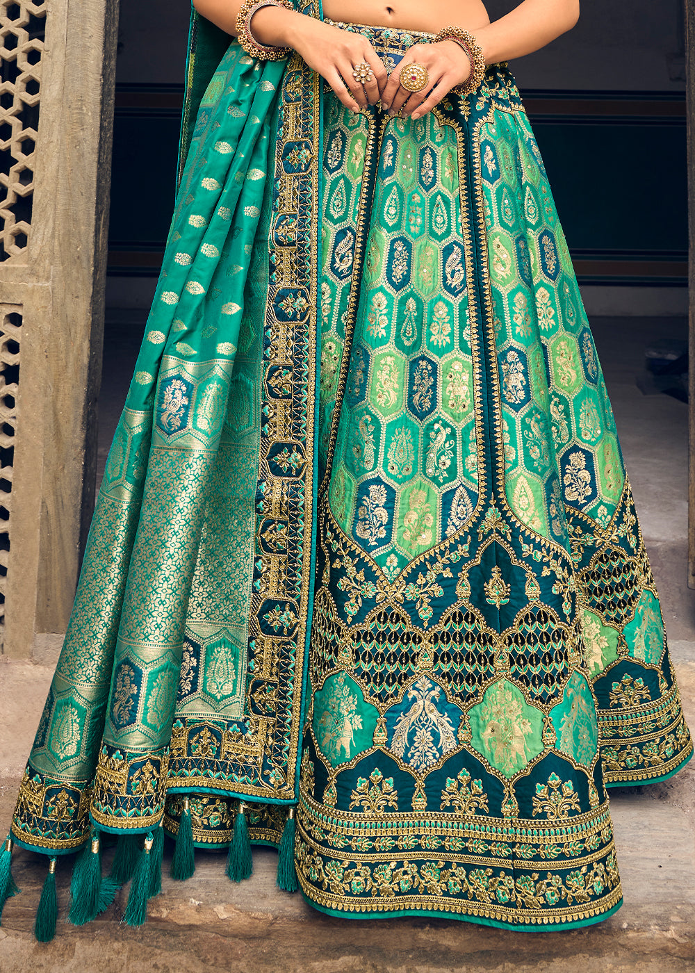 PERSIAN GREEN EMBROIDERED PREMIUM SILK LEHENGA