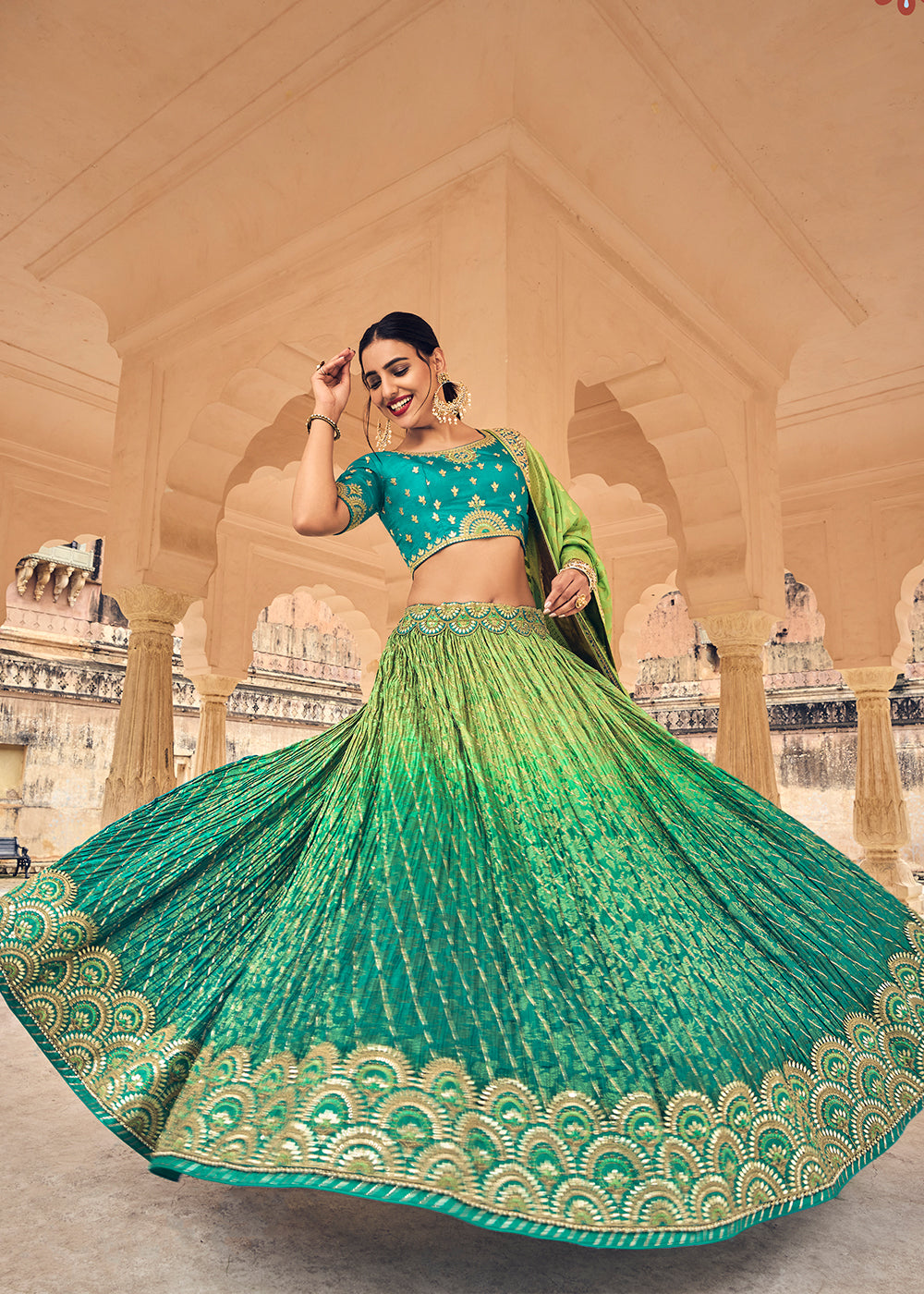 SHADED TURQUOISE GREEN EMBROIDERED PREMIUM SILK LEHENGA