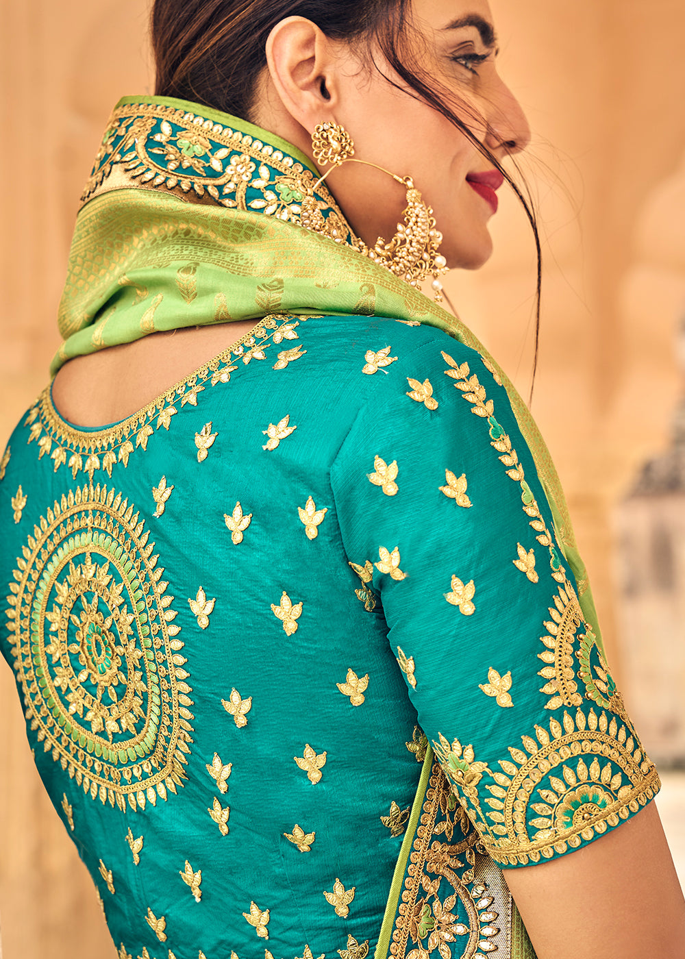 SHADED TURQUOISE GREEN EMBROIDERED PREMIUM SILK LEHENGA