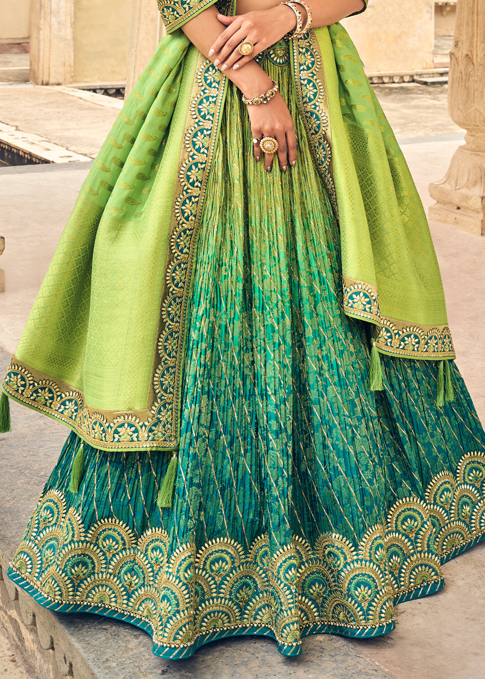 SHADED TURQUOISE GREEN EMBROIDERED PREMIUM SILK LEHENGA