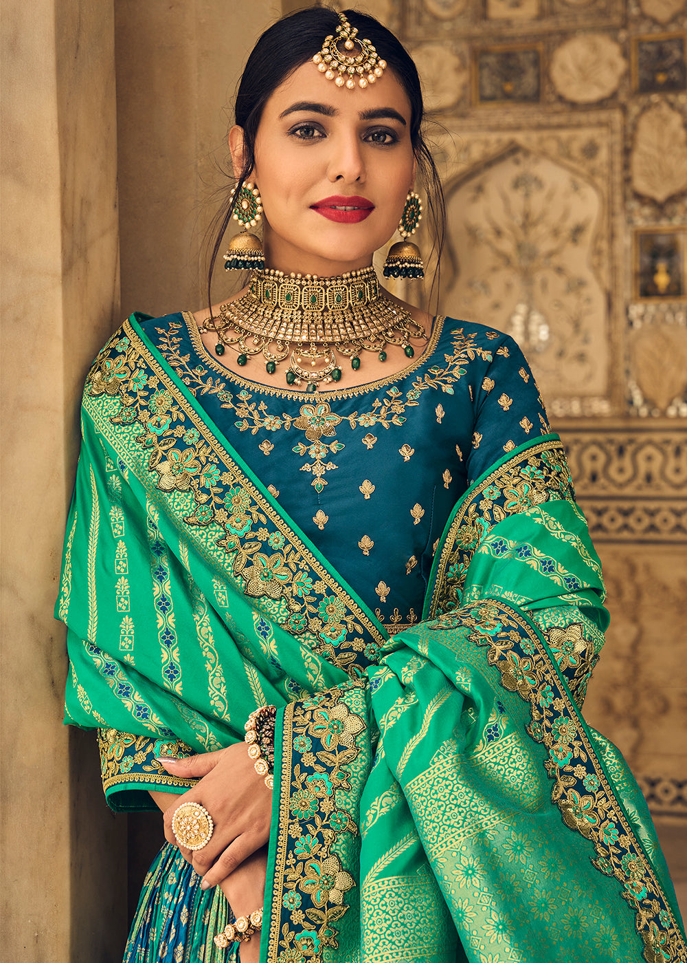 PERSIAN GREEN EMBROIDERED PREMIUM SILK LEHENGA