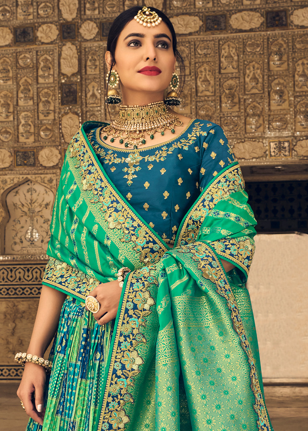 PERSIAN GREEN EMBROIDERED PREMIUM SILK LEHENGA