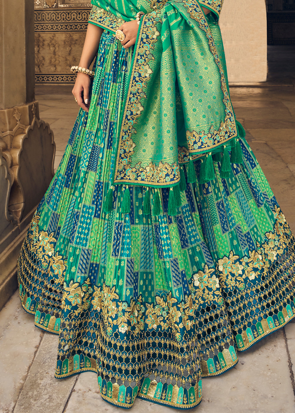 PERSIAN GREEN EMBROIDERED PREMIUM SILK LEHENGA