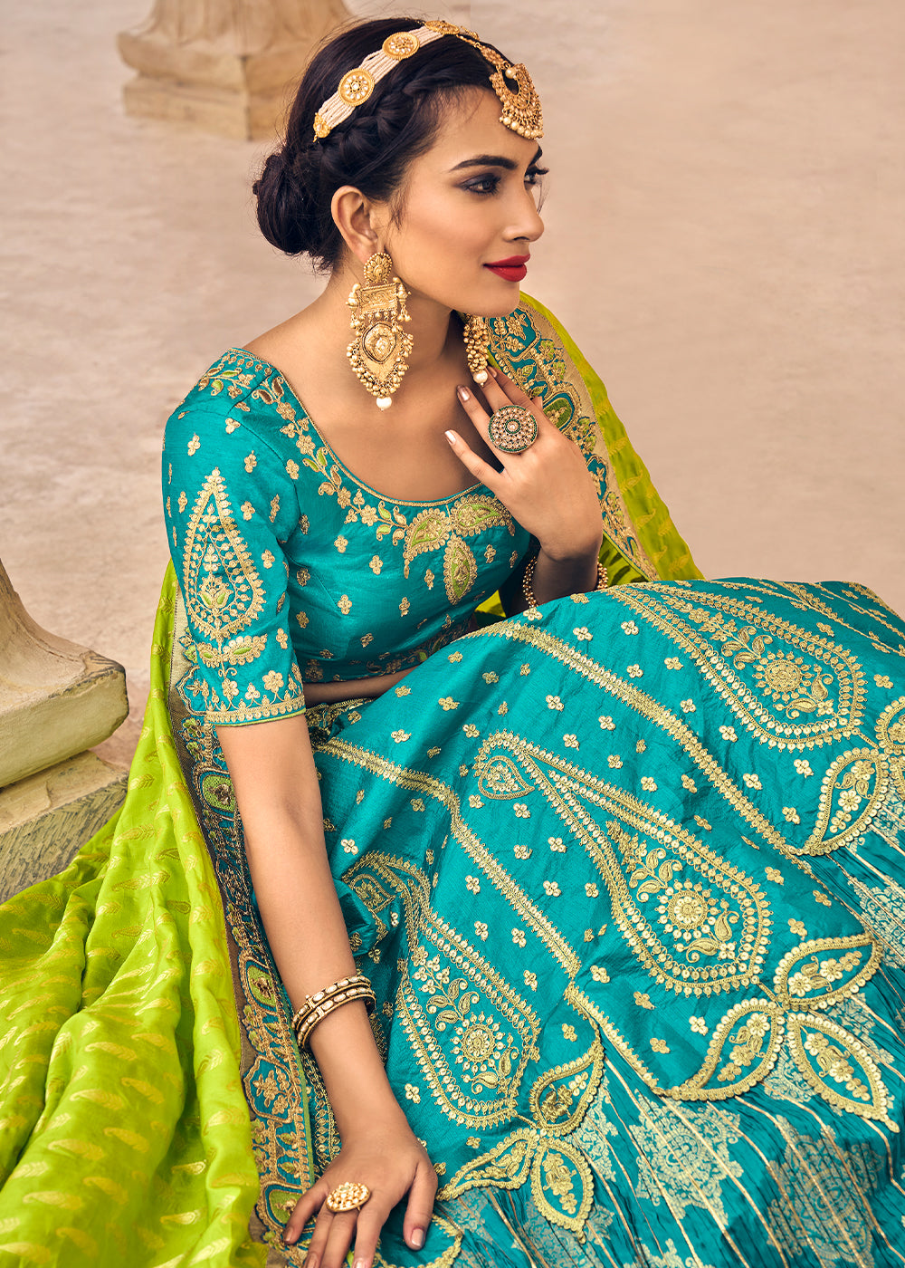 TURQUOISE BLUE EMBROIDERED PREMIUM SILK LEHENGA