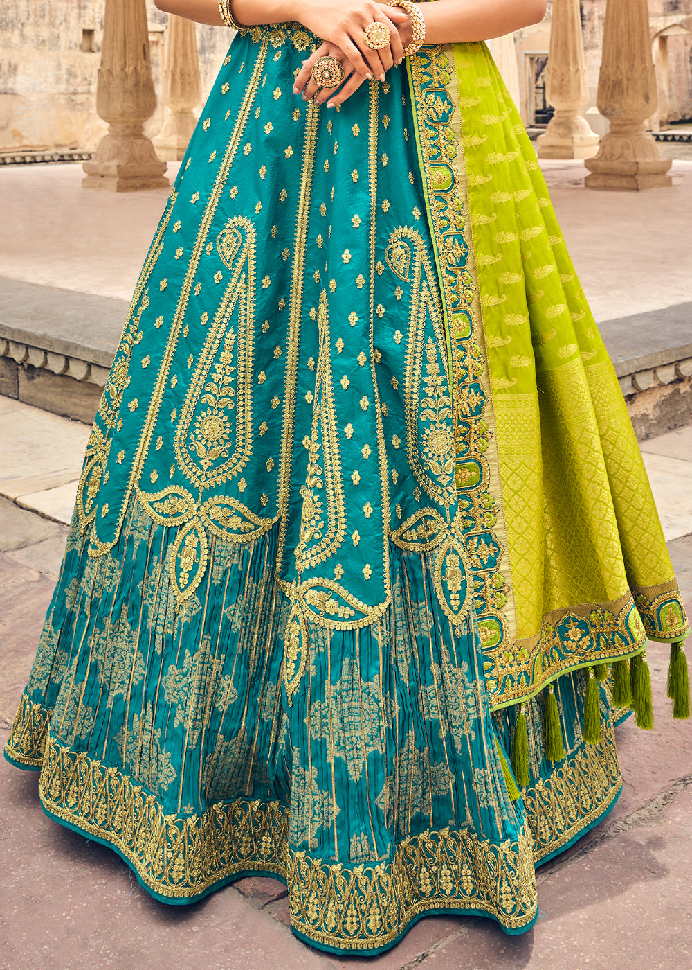 TURQUOISE BLUE EMBROIDERED PREMIUM SILK LEHENGA