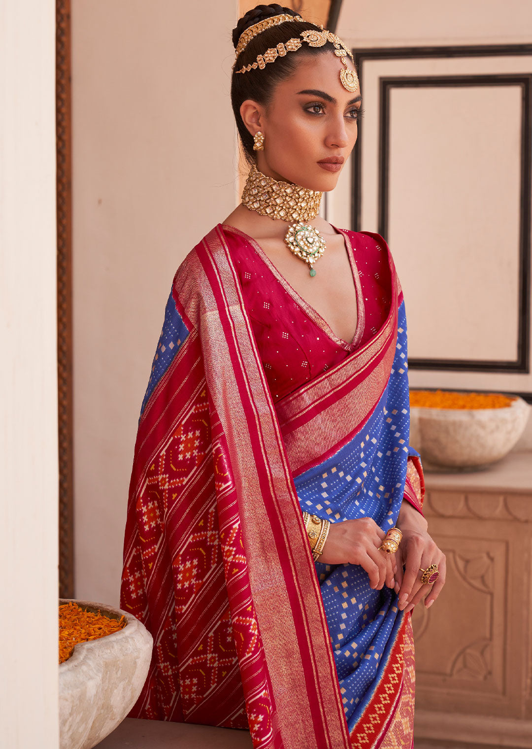 BLUE AND RED WOVEN PATOLA SILK SAREE