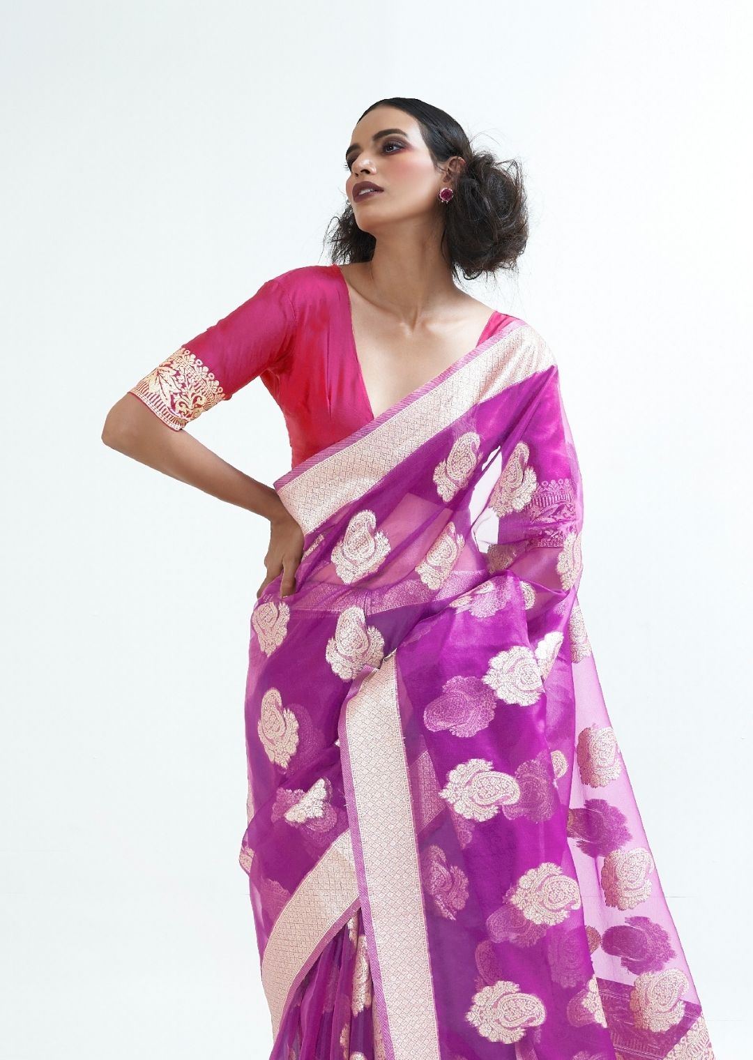 French Purple Hand Woven Organza Silk Saree