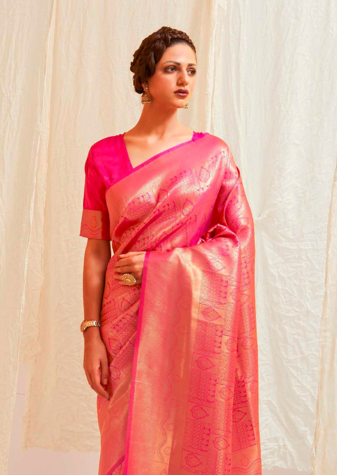 Ruby Pink Hand Woven Kanjivaram Silk Saree