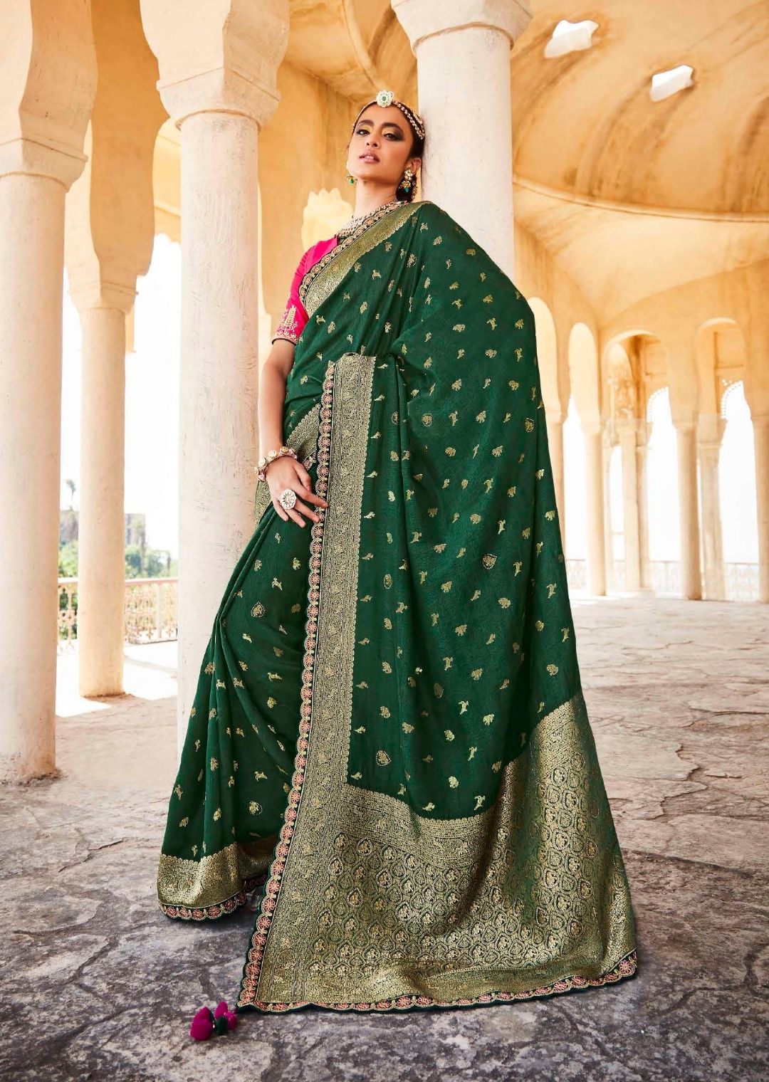 Bottle Green Woven Exclusive Designer Banarasi Silk Saree With Embroid –