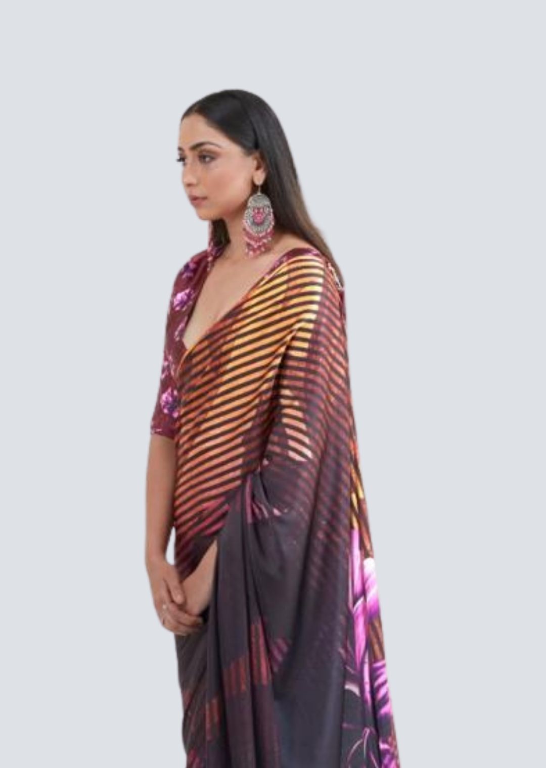 Brown Digital Printed Satin Crepe Saree