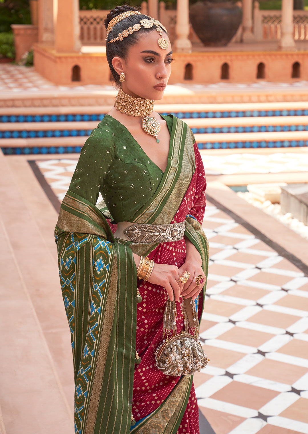 CHERRY RED WOVEN PATOLA SILK SAREE