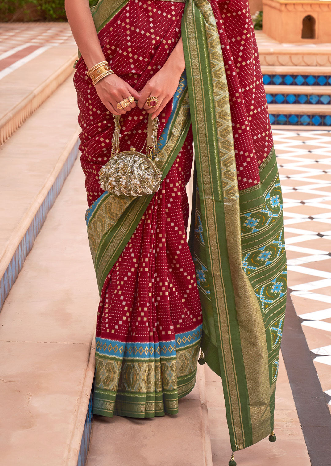 CHERRY RED WOVEN PATOLA SILK SAREE