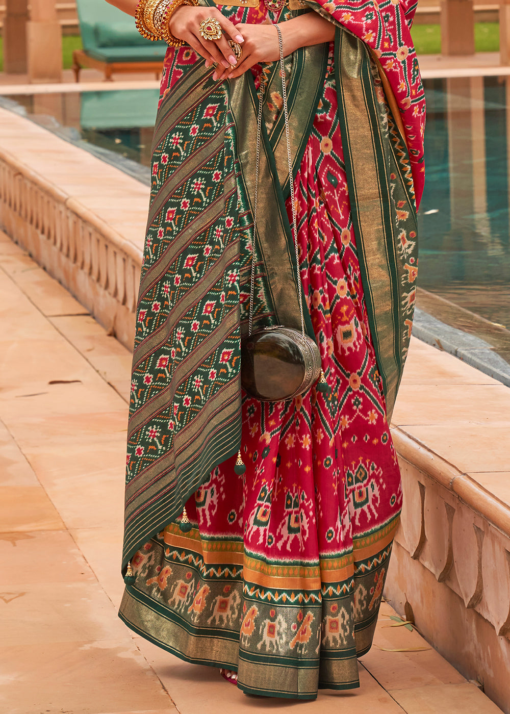 RUBY RED WOVEN TRADITIONAL PATOLA SILK SAREE WITH FOIL PRINT WORK