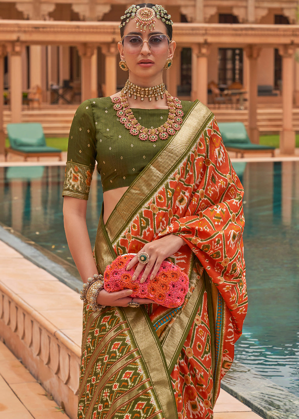 CARROT ORANGE WOVEN TRADITIONAL PATOLA SILK SAREE WITH FOIL PRINT WORK