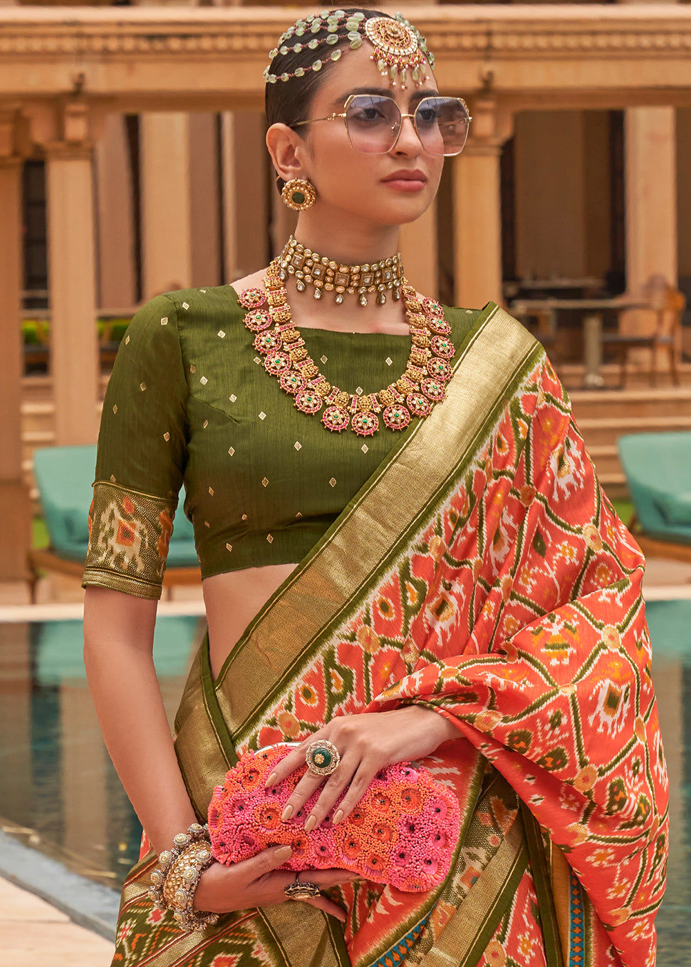 Mehendi Green Color Silk Chiffon Heavy Patola Print Work Designer Plus Size  Saree -6341168