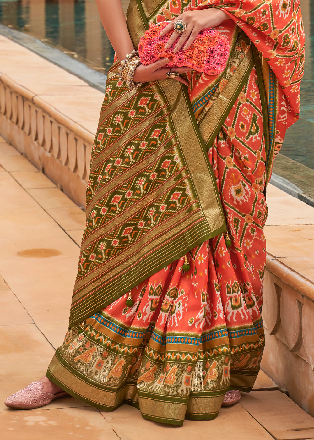 CARROT ORANGE WOVEN TRADITIONAL PATOLA SILK SAREE WITH FOIL PRINT WORK