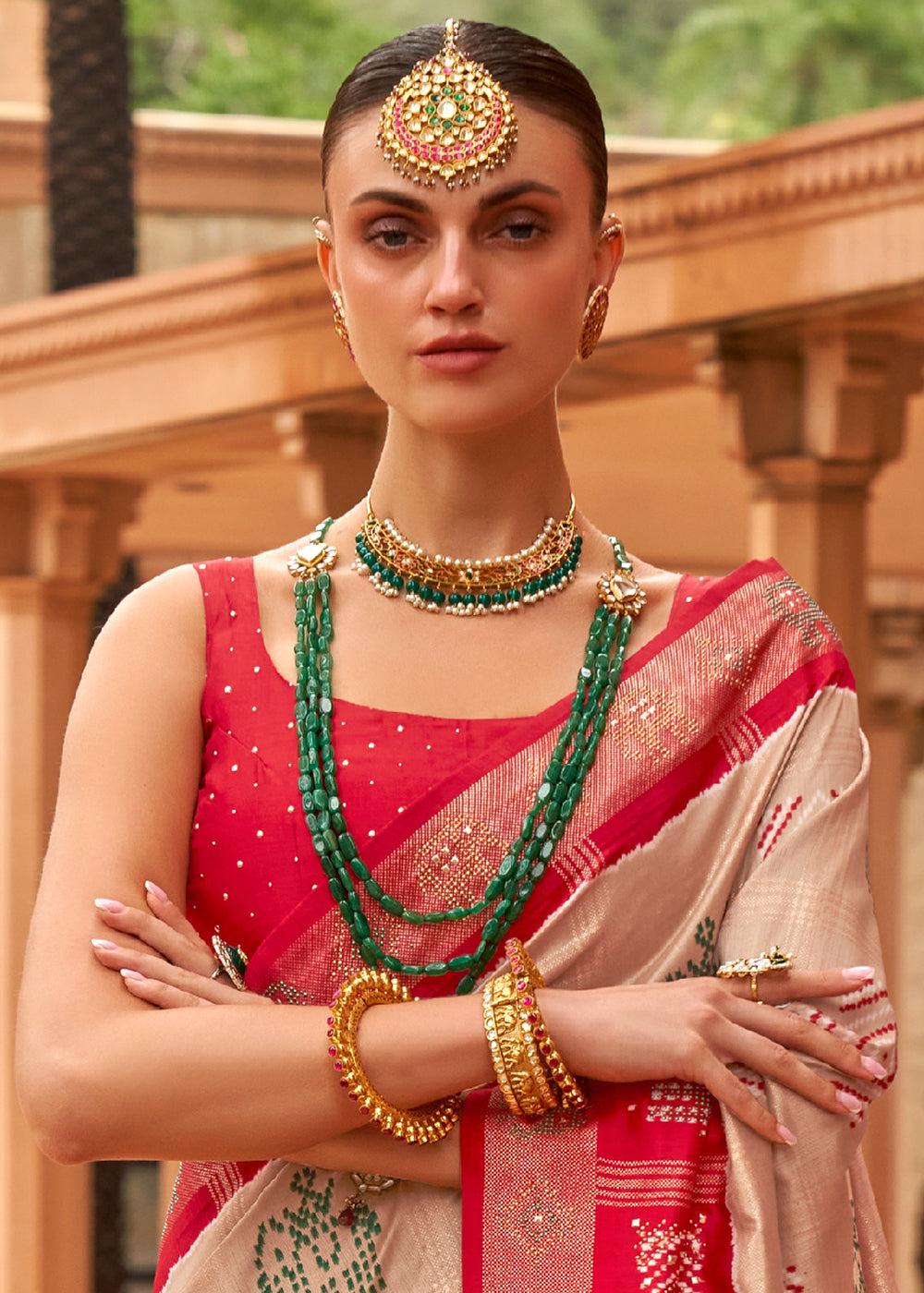 BEIGE AND RED WOVEN PATOLA SILK SAREE