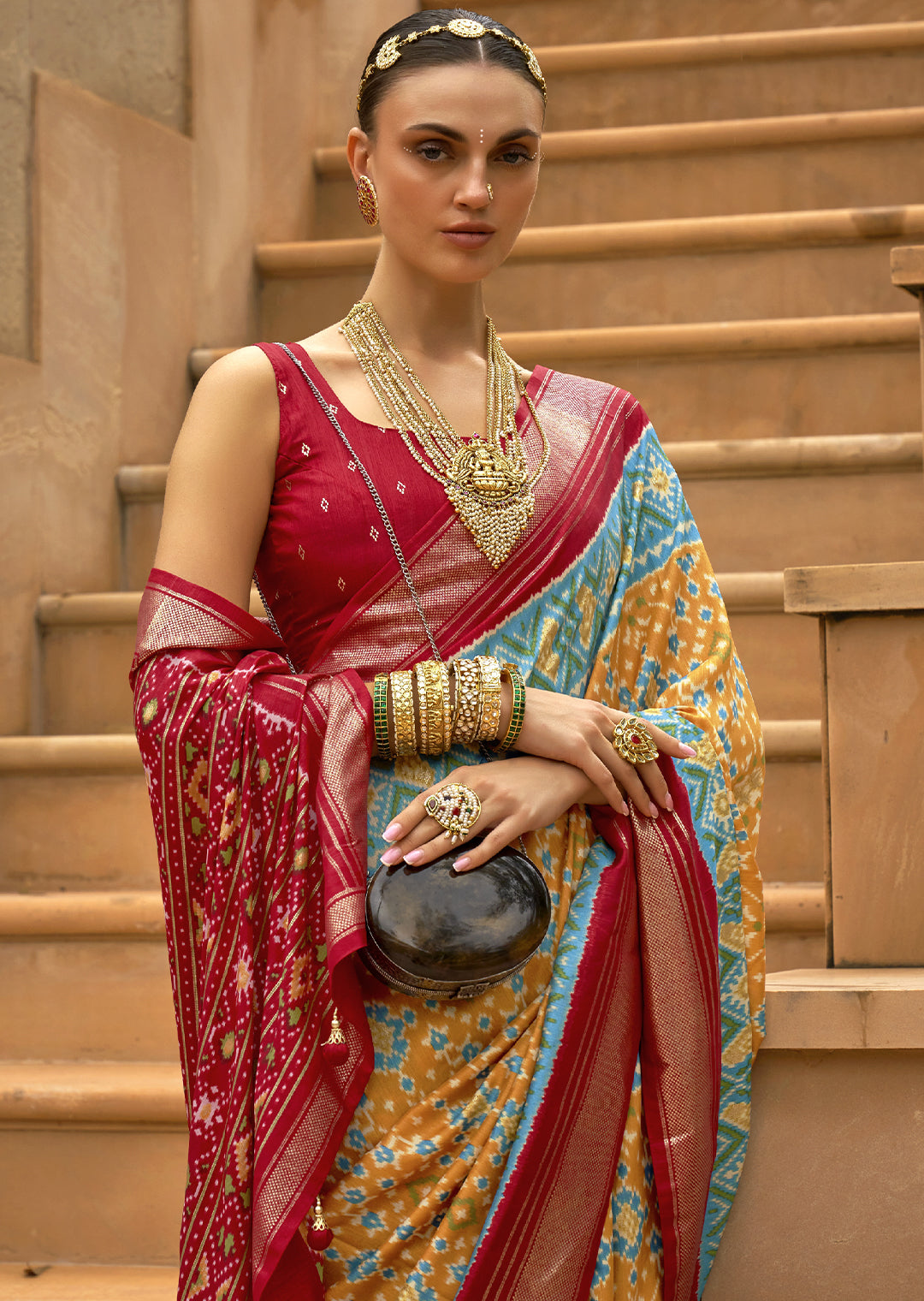 MUSTARD YELLOW WOVEN PATOLA SILK SAREE