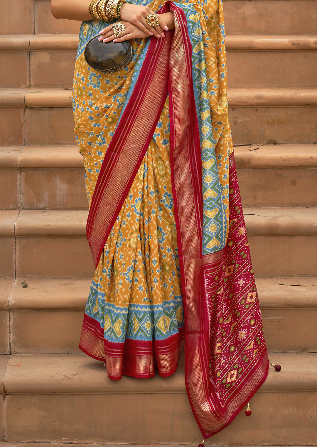 MUSTARD YELLOW WOVEN PATOLA SILK SAREE