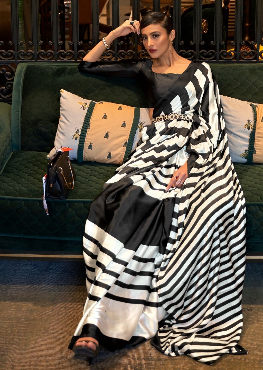 Checked Black Kanjeevaram Silk Saree with White Border - Tulsi Weaves