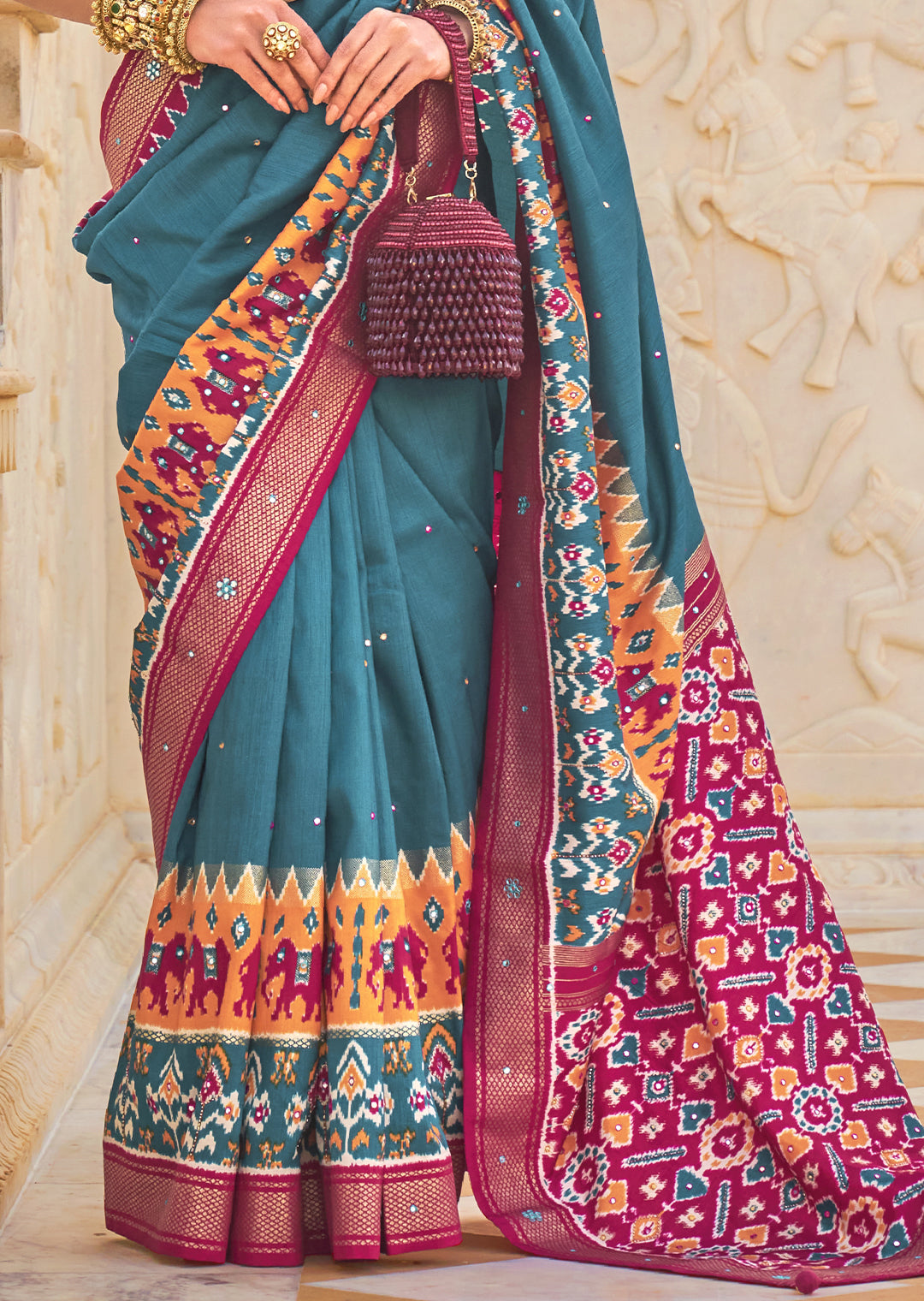 FRENCH BLUE WOVEN TRADITIONAL PATOLA SILK SAREE WITH KHATLI WORK