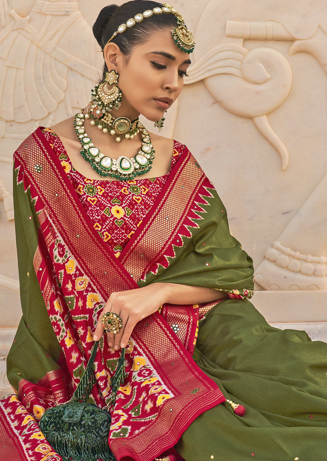 PEAR GREEN WOVEN TRADITIONAL PATOLA SILK SAREE WITH KHATLI WORK