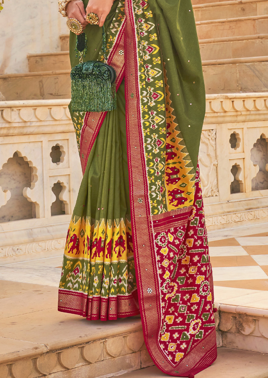 PEAR GREEN WOVEN TRADITIONAL PATOLA SILK SAREE WITH KHATLI WORK